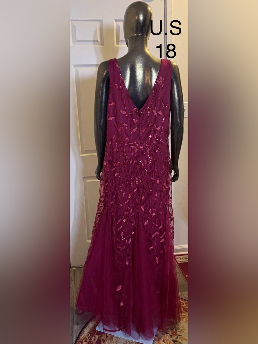 Embroidered V-Neck Burgundy Evening Dress